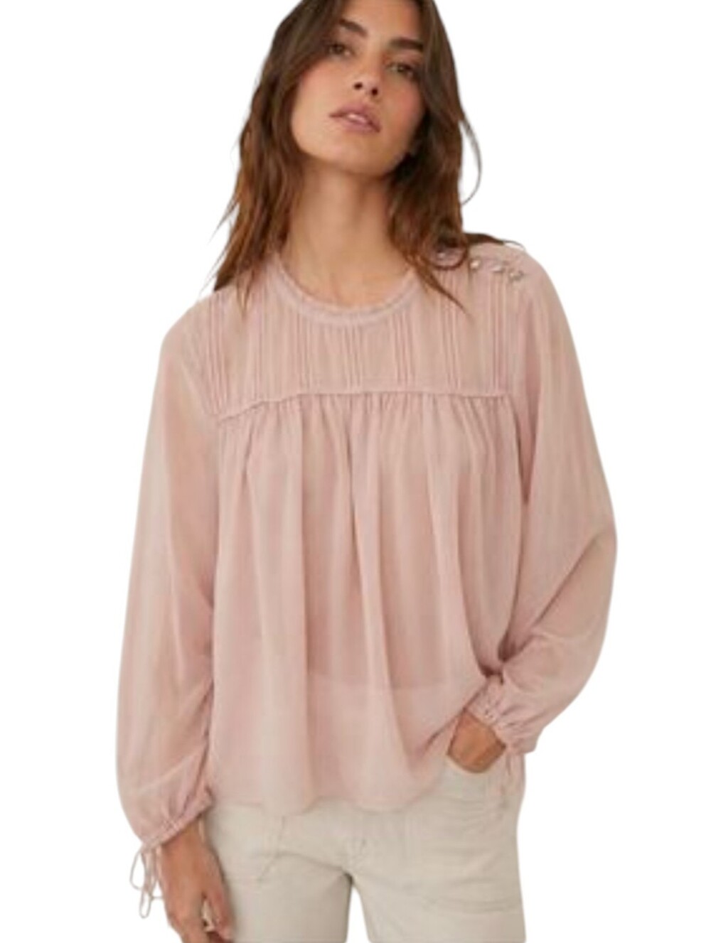 Aritzia Wilfred Lourdes Pink Pleated Chiffon Blouse Shoulder Button Medium - Picture 15 of 15